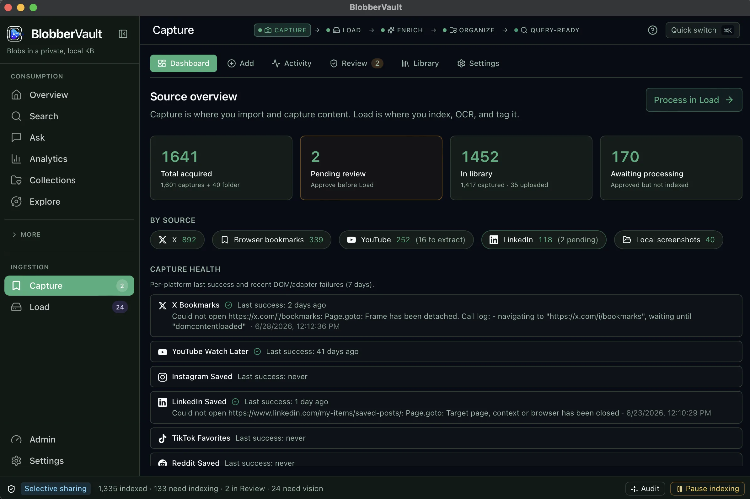 BlobberVault Capture dashboard showing sources and capture health